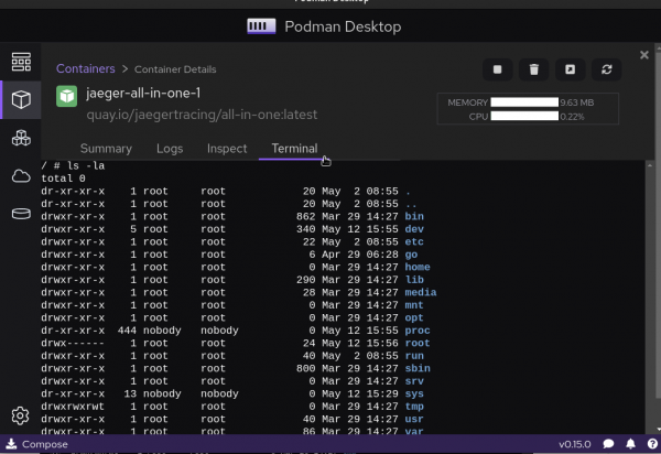 Podman Desktop showing the container terminal view