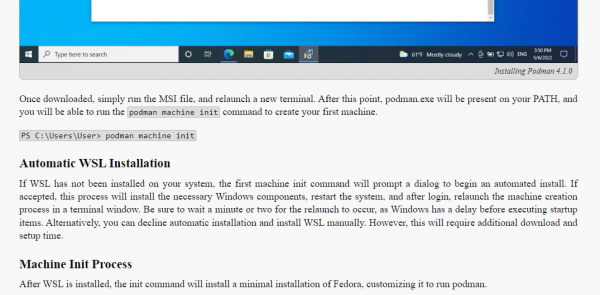 podman post-installation web page with further instructions for completing installation