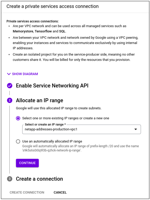 Creating a private service access connection.