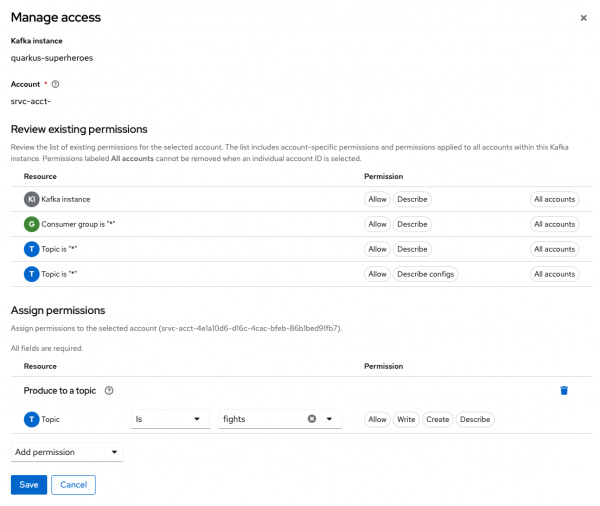 The Manage Access screen lets a service produce to a Kafka topic.