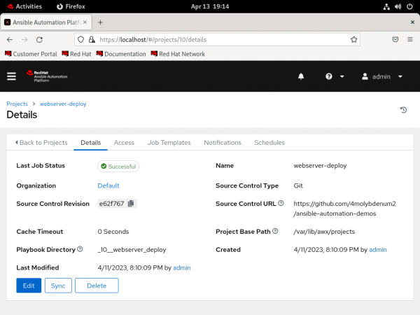 A screenshot of the project details in Ansible.