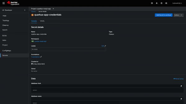 The quarkus-app-credentials page on your OpenShift cluster shows the secret details.