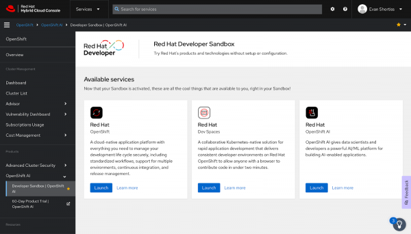 Launching Red Hat OpenShift from the Developer Sandbox