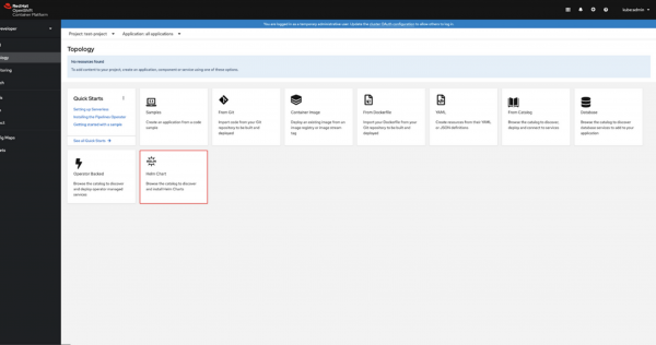 The OpenShift developer catalog with the Helm Charts option highlighted.