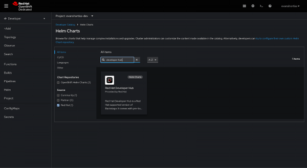 The Red Hat Developer Hub Helm Chart in the OpenShift Console.