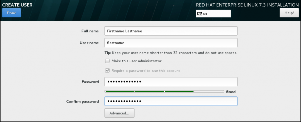 RHEL 7.3 installation screen with the "Make this user administrator" option checkbox visible.