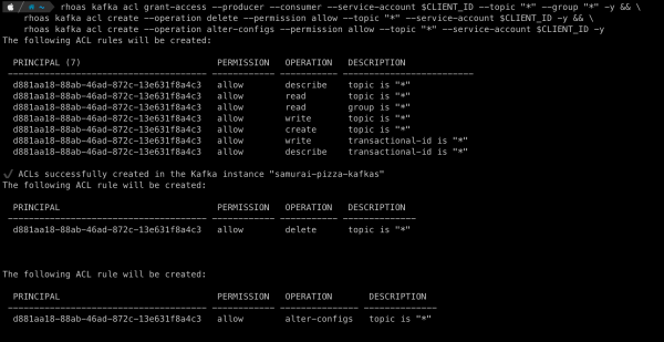 Output from the ACL commands show the permissions and ACLs generated.