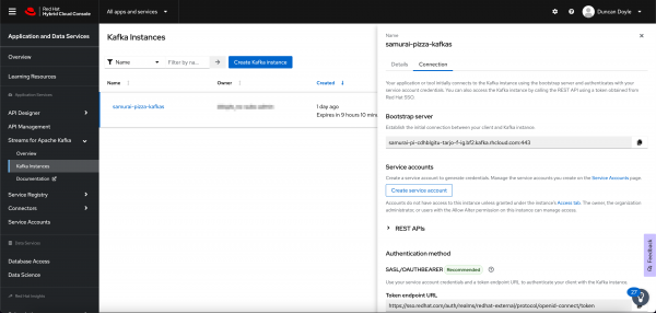 Choose your Kafka instance to find the bootstrap server and token URL.