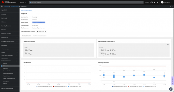 A screenshot of the Hybrid Cloud Console homepage with the Cost optimization tab visible on the far left of the navigation bar.