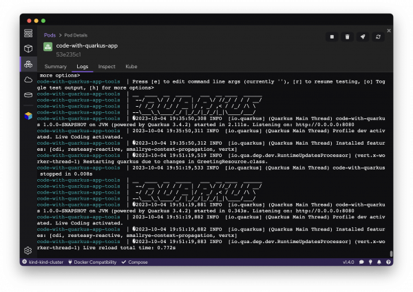 A view of the running pod within Podman Desktop.