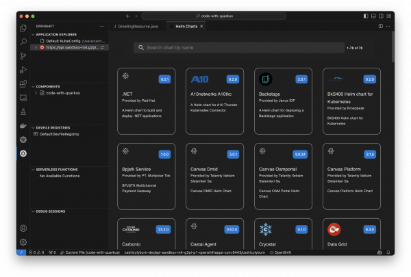 Viewing Helm chart deployment options within the OpenShift Toolkit.