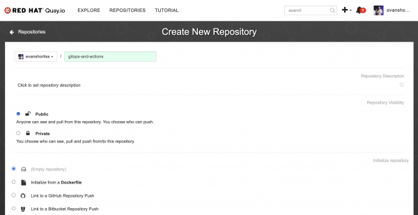 Creating a container image repository on quay.io.
