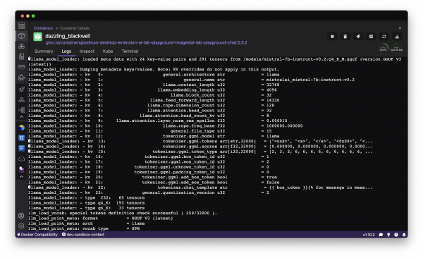 Podman Desktop managing the llama.cpp server within a container