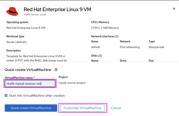 Name the VM as "rhel9-mysql-source-vm" and select "Customize VirtualMachine"