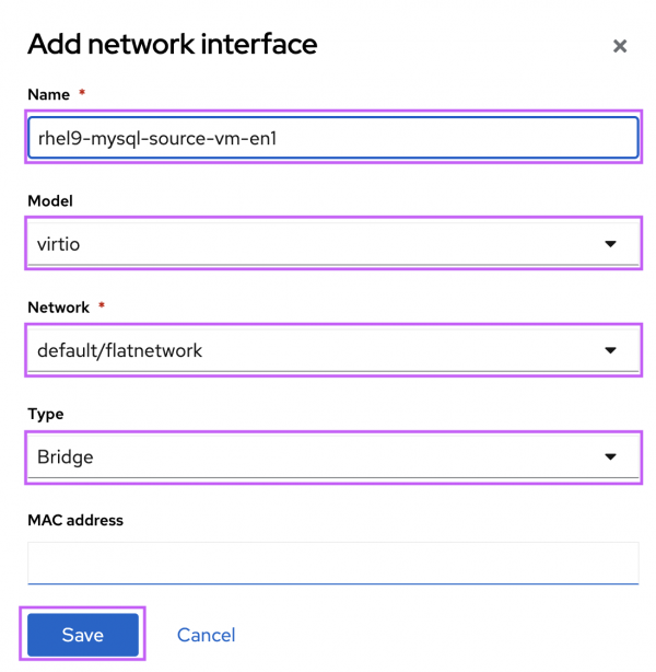 Name the interface and select Model as "virtio", Network as "flatnetwork" and type as "bridge" and select "save"