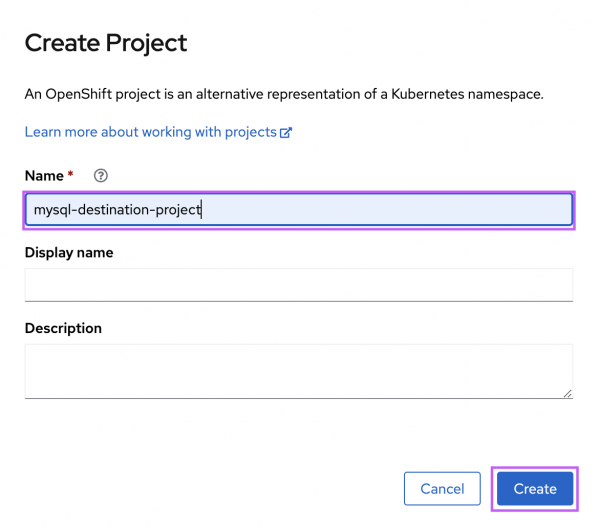 Name the project as "mysql-destination-project" and select "Create"