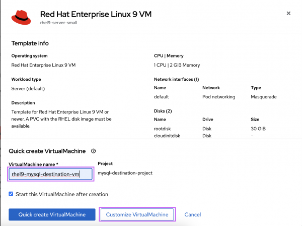 Name the VM as "rhel9-mysql-destination-vm" and select "Customize VirtualMachine"