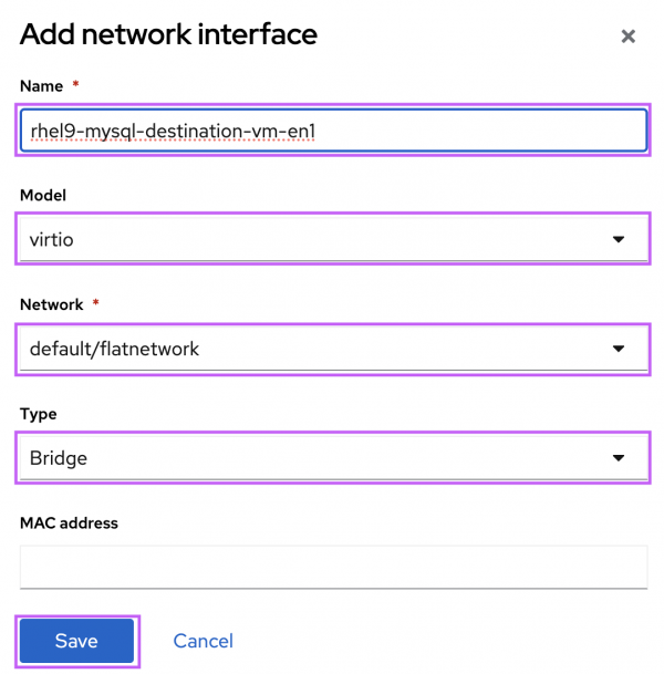 Name the interface and select Model as "virtio", Network as "flatnetwork" and type as "bridge" and select "save"