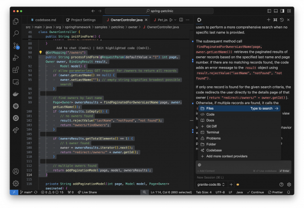 Workflow diagram of an open-source AI code assistant using Granite models, Ollama, and Continue