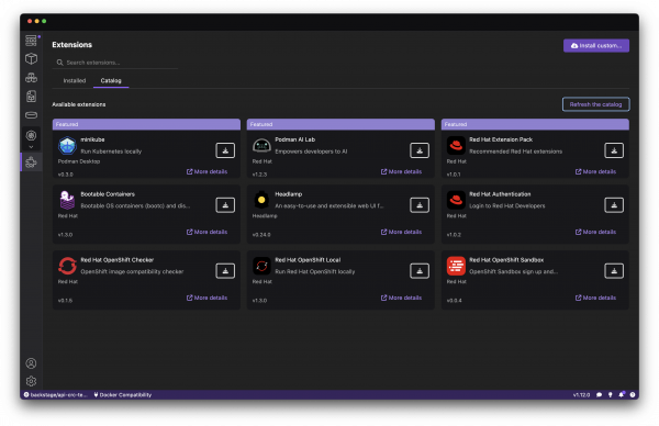 The extensions screen in the Podman Desktop application, showing the AI Lab extension.