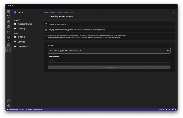 Creating a model service in Podman Desktop.