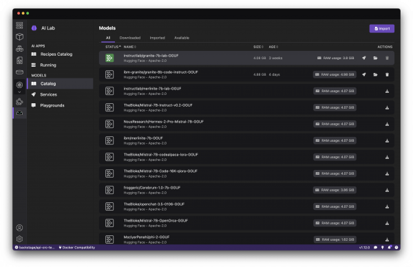 The Models screen, as seen in the Podman Desktop AI Lab extension.