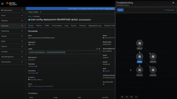 A view of Observability signal correlation's troubleshooting panel with the navigation menu on the left.