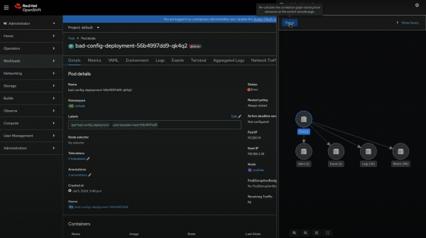 A view of Observability signal correlation's troubleshooting panel with the navigation menu on the left and the Focus button shown on the right.