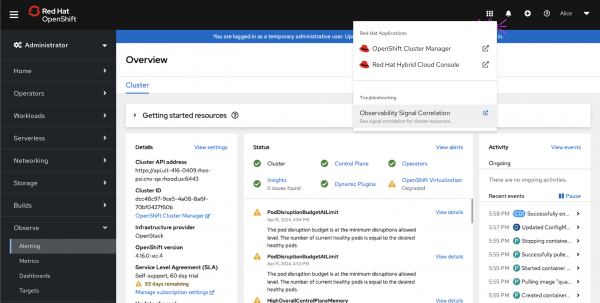 The result of clicking the Troubleshooting panel's launcher in the OpenShift web console's masthead showing a menu apearing with the option to click Observability Signal Correlation.