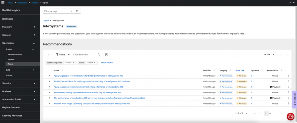 Red Hat Insights topic grouping all InterSystems recommendations