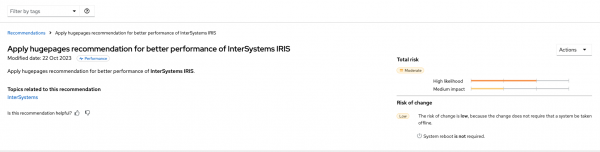 Example of a recommendation suggesting to adjust the huge pages configuration