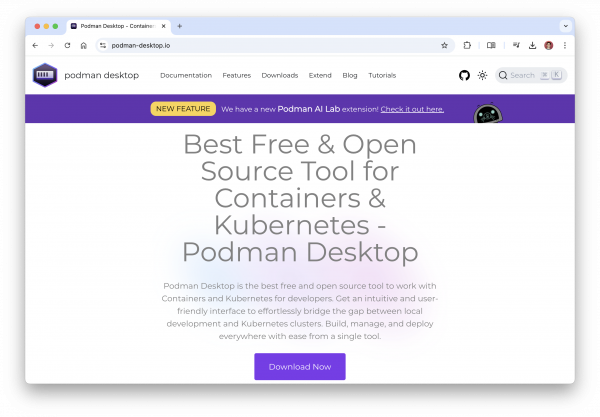 Navigating to the Podman Desktop website to download and install the interface for Podman