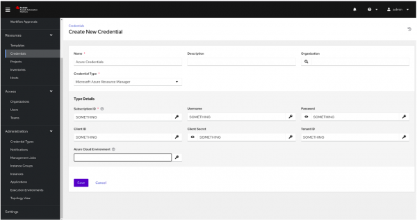 A screenshot of the Azure credentials page in Ansible.