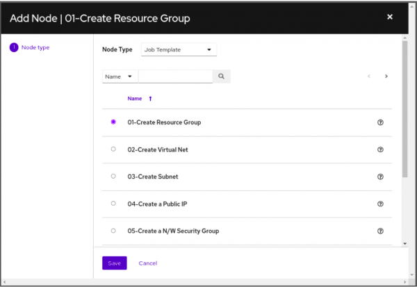 A screenshot of selecting the job templates as nodes in Ansible workflow.