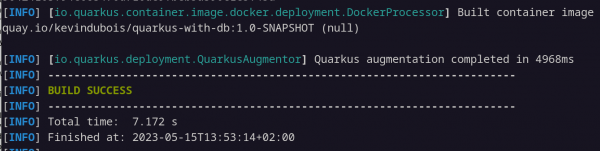 Quarkus container image build success message