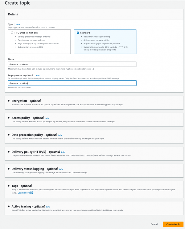A screenshot of creating an SNS topic.