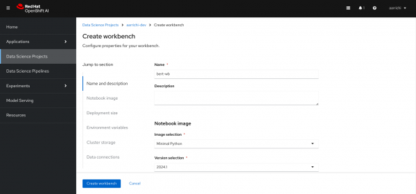 Creating a new workbench in OpenShift AI