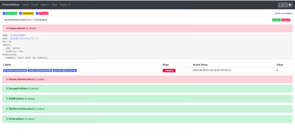 A screenshot of the Alertmanager rules dashboard showing triggered rules.