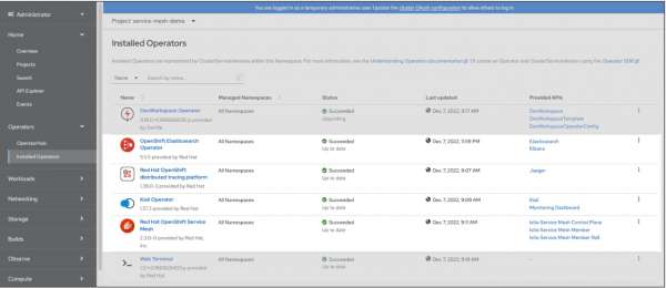 The operators that make up a service mesh installation under OpenShift.