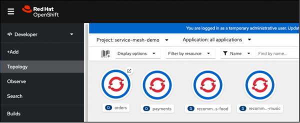 Shows the demo app’s deployments in the Topology view.