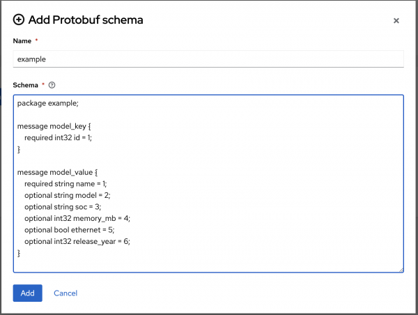 A screenshot of the Data Grid console, creating a cache using a protobuf schema.