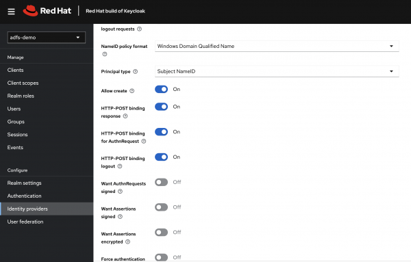 Screen shot showing the Name ID configuration page in Red Hat build of Keycloak