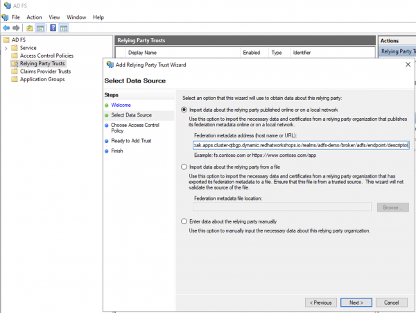 Screen shot showing the AD FS Relying party configuration page