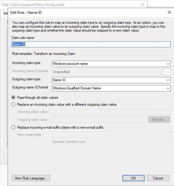 Screen shot showing the Claims Transformation rule page in AD FS