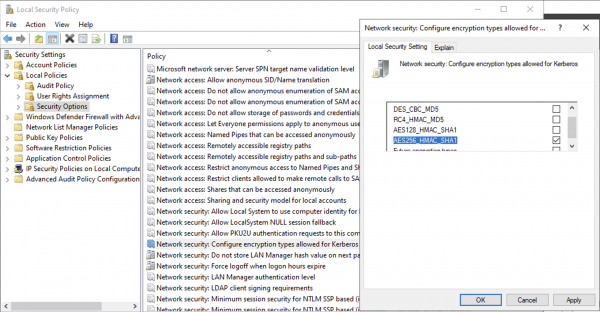 Screen shot showing the window Network Security: Configuring encryption types allowed for Kerberos