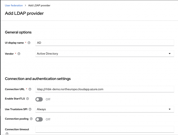 Screen shot showing top part of the User Federation configuration page in Red Hat build of Keycloak