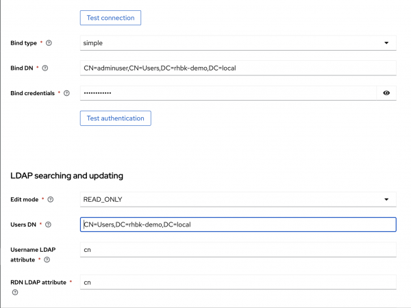 Screen shot showing the DN configuration part of the User Federation configuration page in Red Hat build of Keycloak