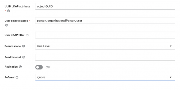 Screen shot showing the LDAP configuration part of the User Federation configuration in RHBK