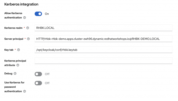 Screen shot showing the Kerberos integration page of the RHBK User Federation configuration