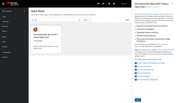 The get started with JBoss EAP 7 using a Helm Chart option is shown in Red Hat OpenShift UI.